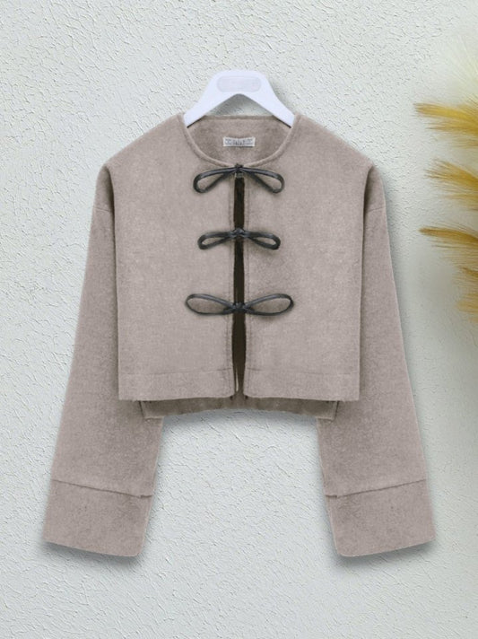 Önü Bağcıklı Kaşe Ceket -Vizon