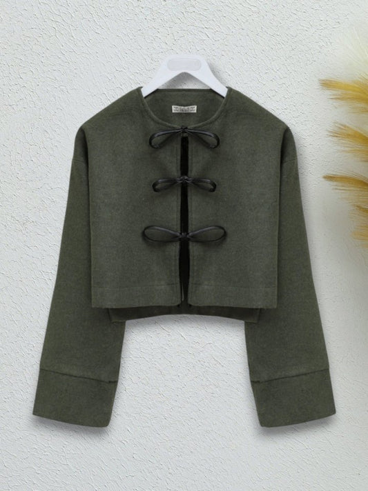 Önü Bağcıklı Kaşe Ceket -Haki