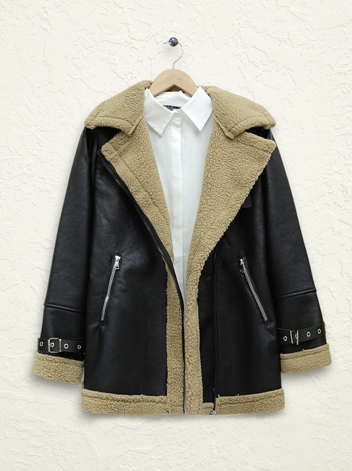 Fermuarlı İçi Peluşlu Deri Ceket -Açık Kahve