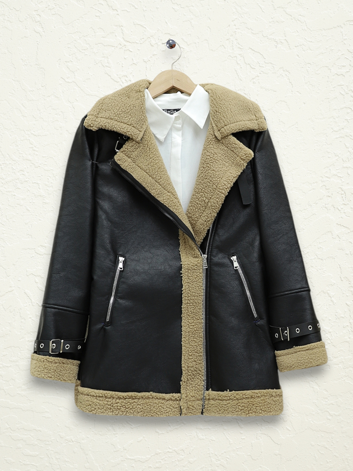 Fermuarlı İçi Peluşlu Deri Ceket -Açık Kahve