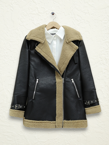 Fermuarlı İçi Peluşlu Deri Ceket -Açık Kahve