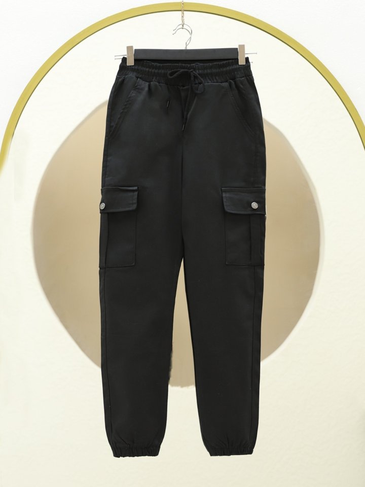 Beli Ve Paçası Lastikli Bağcıklı Kargo Kot Pantolon -Siyah