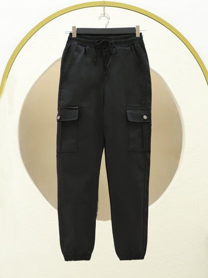 Beli Ve Paçası Lastikli Bağcıklı Kargo Kot Pantolon -Siyah