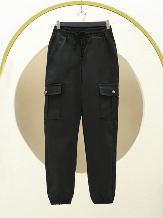 Beli Ve Paçası Lastikli Bağcıklı Kargo Kot Pantolon -Siyah