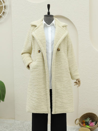 Çift Düğmeli Astarlı Yan Cepli Peluş Kaban -Açık Vizon