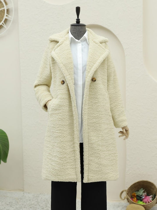 Çift Düğmeli Astarlı Yan Cepli Peluş Kaban -Açık Vizon