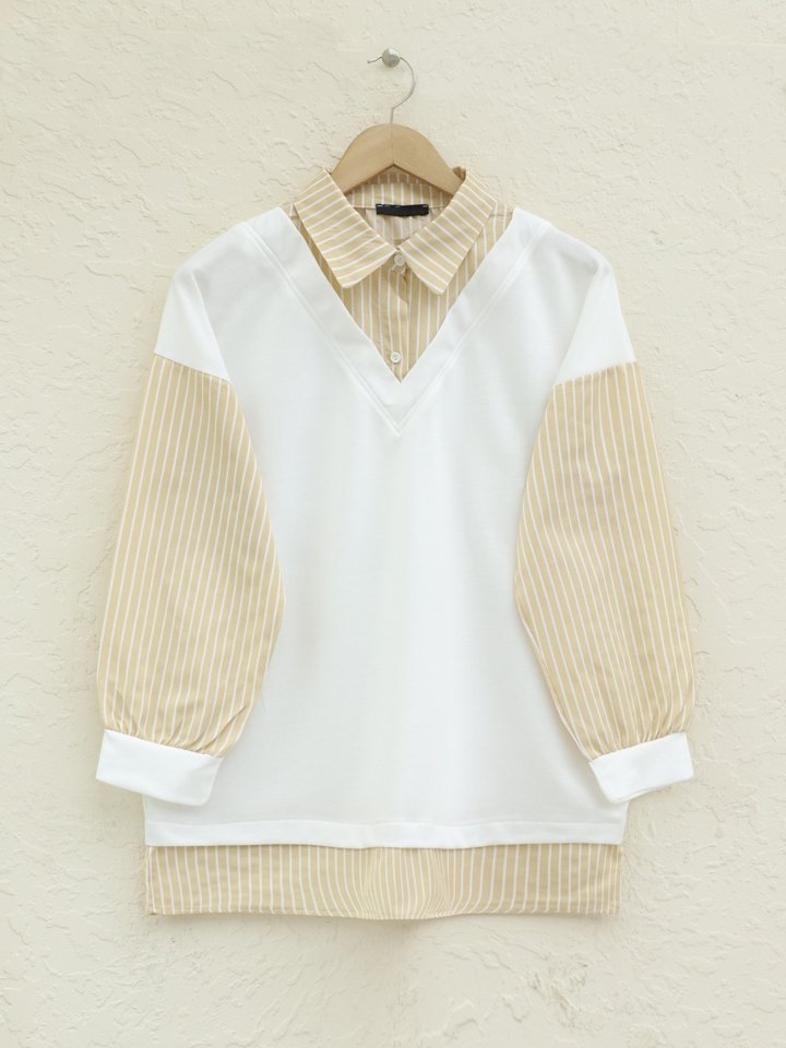 Çizgili Gömlek Detaylı Sweat Tunik -Açık Vizon