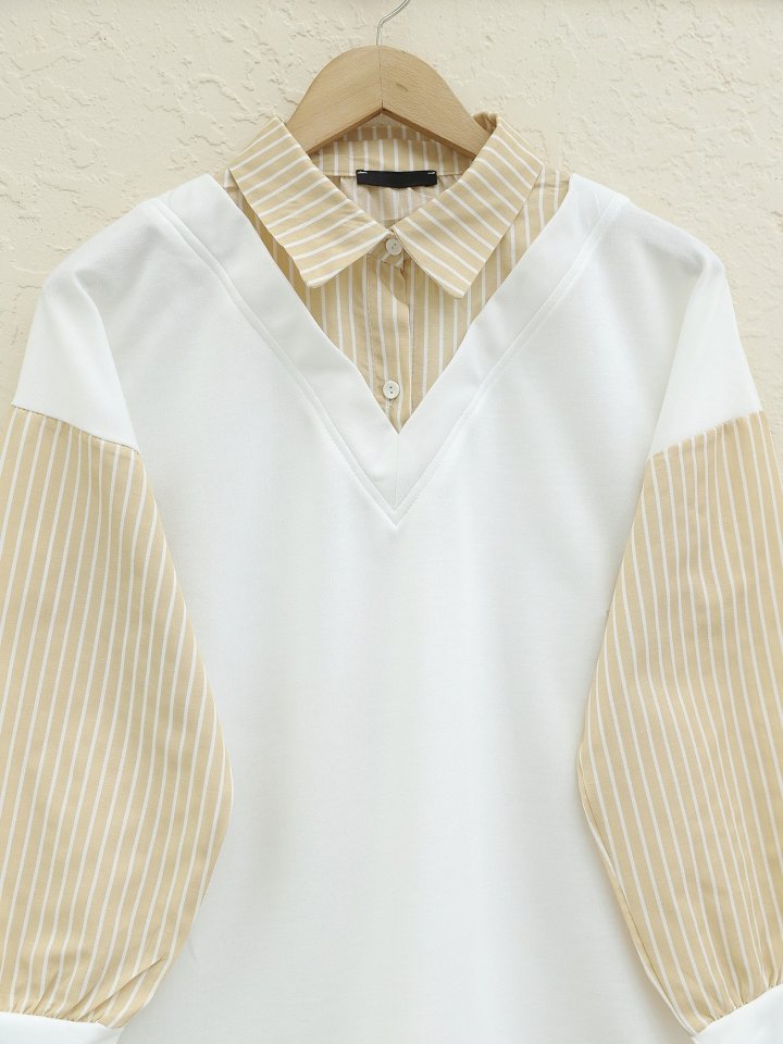 Çizgili Gömlek Detaylı Sweat Tunik -Açık Vizon