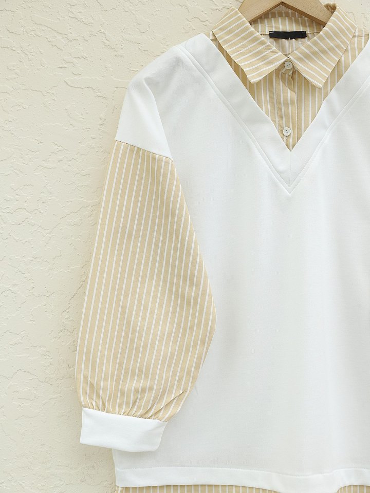 Çizgili Gömlek Detaylı Sweat Tunik -Açık Vizon