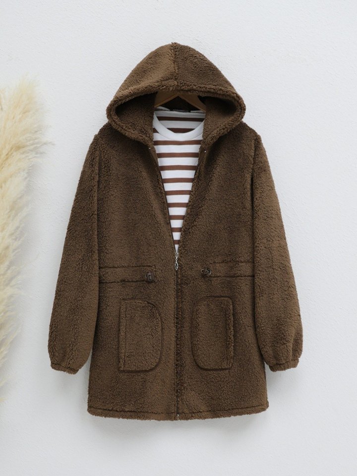 Beli Lastikli Kapşonlu Fermuarlı Peluş Mont -Kahve