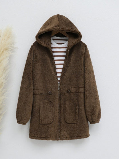 Beli Lastikli Kapşonlu Fermuarlı Peluş Mont -Kahve