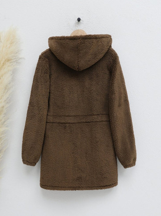 Beli Lastikli Kapşonlu Fermuarlı Peluş Mont -Kahve