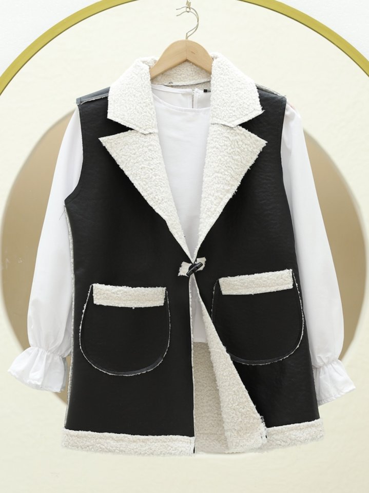 İçi Kuzu Peluş Çift Cepli Yelek   -Ekru