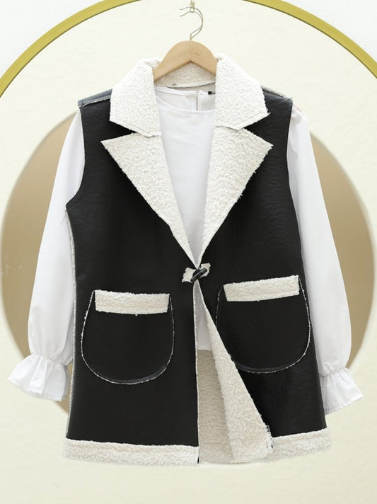 İçi Kuzu Peluş Çift Cepli Yelek   -Ekru
