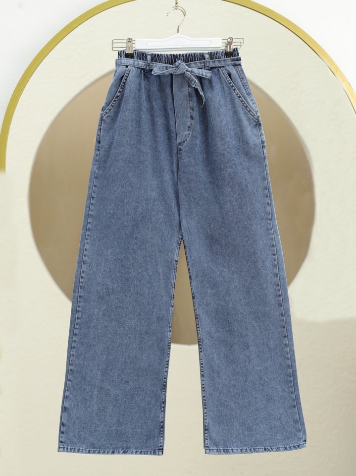 Bol Paça Beli Lastikli Kuşaklı Kot Pantolon -Buz Mavi