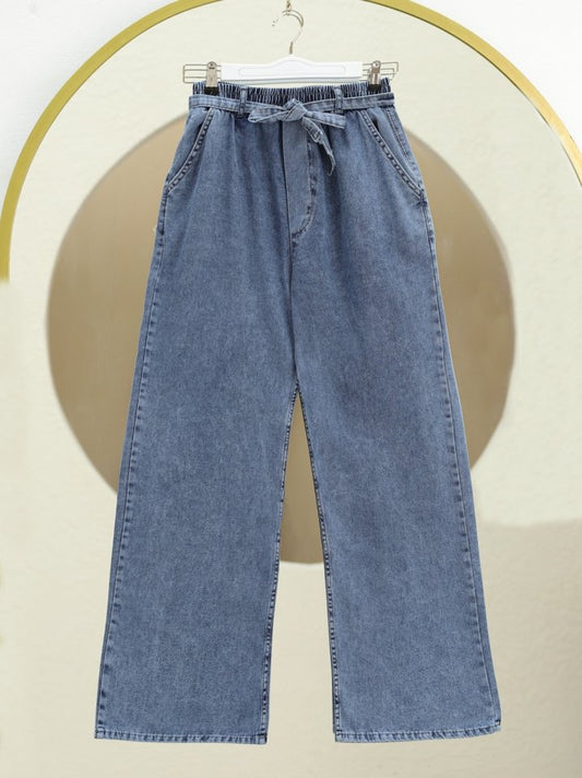 Bol Paça Beli Lastikli Kuşaklı Kot Pantolon -Buz Mavi
