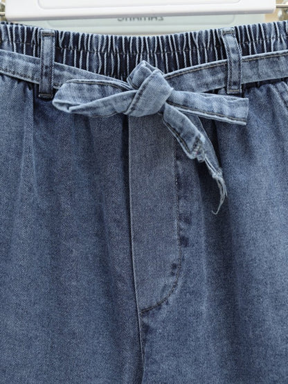 Bol Paça Beli Lastikli Kuşaklı Kot Pantolon -Buz Mavi
