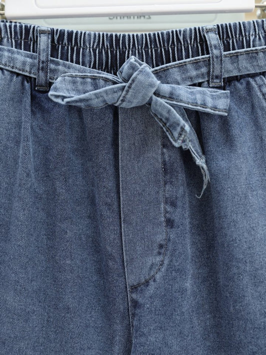 Bol Paça Beli Lastikli Kuşaklı Kot Pantolon -Buz Mavi