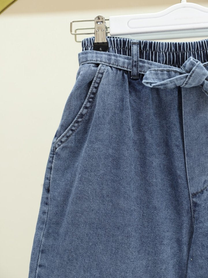 Bol Paça Beli Lastikli Kuşaklı Kot Pantolon -Buz Mavi