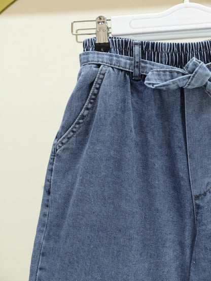 Bol Paça Beli Lastikli Kuşaklı Kot Pantolon -Buz Mavi