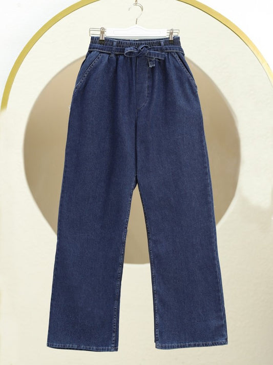 Bol Paça Beli Lastikli Kuşaklı Kot Pantolon -İndigo