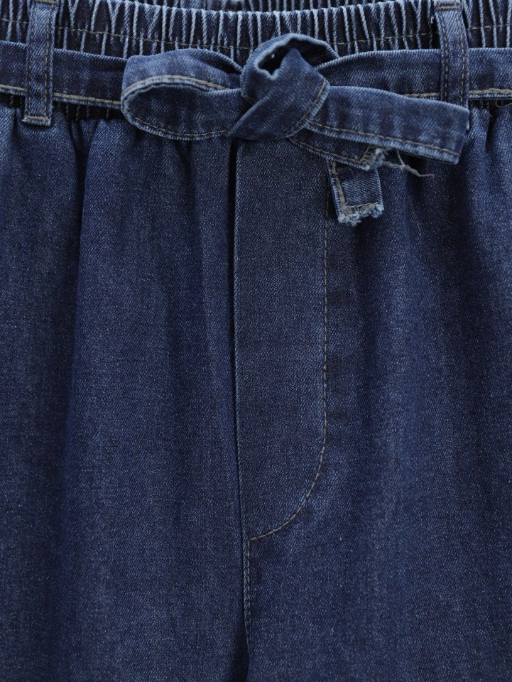 Bol Paça Beli Lastikli Kuşaklı Kot Pantolon -İndigo