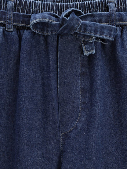 Bol Paça Beli Lastikli Kuşaklı Kot Pantolon -İndigo