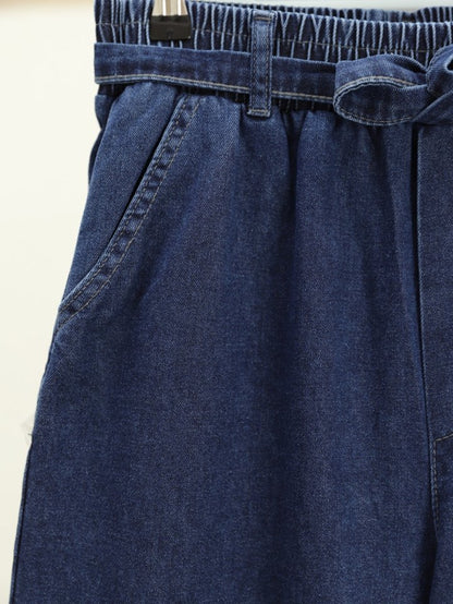 Bol Paça Beli Lastikli Kuşaklı Kot Pantolon -İndigo