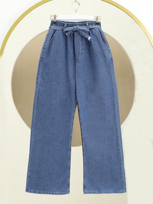 Bol Paça Beli Lastikli Kuşaklı Kot Pantolon -Koyu Mavi