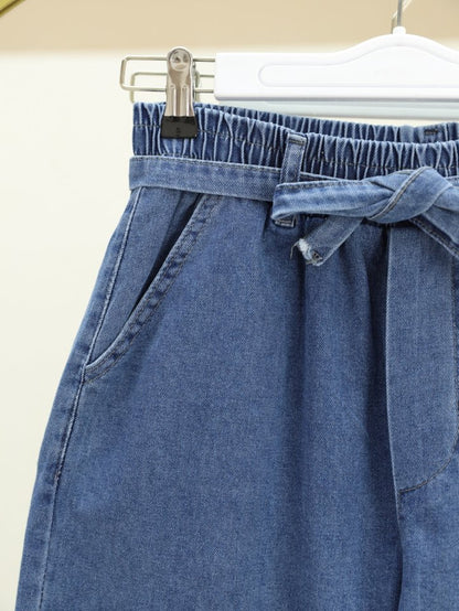 Bol Paça Beli Lastikli Kuşaklı Kot Pantolon -Koyu Mavi