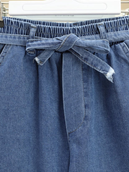 Bol Paça Beli Lastikli Kuşaklı Kot Pantolon -Koyu Mavi