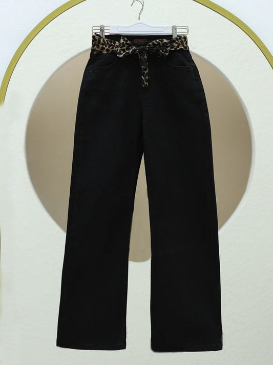 Fular Detaylı Palazzo Kot Pantolon -Siyah