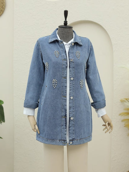 Küme Taş Detaylı Düğmeli Kot Ceket -Buz Mavi