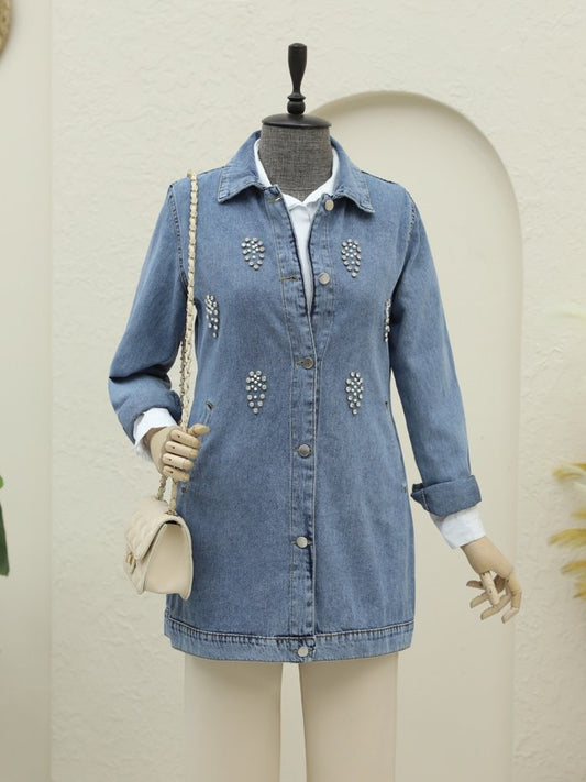 Küme Taş Detaylı Düğmeli Kot Ceket -Buz Mavi