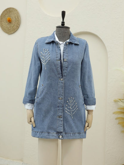 Yaprak Taş Detaylı Kot Ceket -Buz Mavi