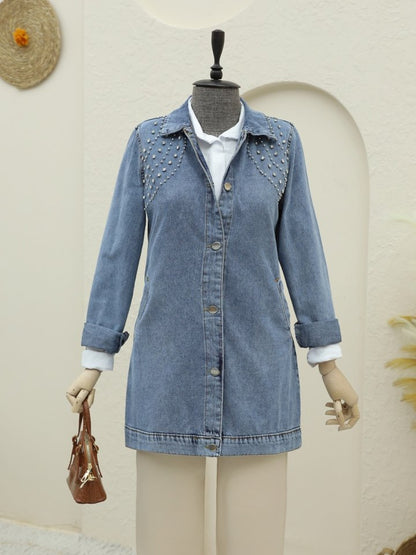 Büyük Taş Detaylı Düğmeli Cepli Kot Ceket -Buz Mavi