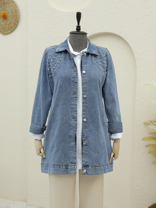 Büyük Taş Detaylı Düğmeli Cepli Kot Ceket -Buz Mavi