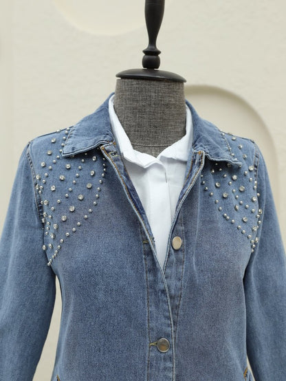 Büyük Taş Detaylı Düğmeli Cepli Kot Ceket -Buz Mavi