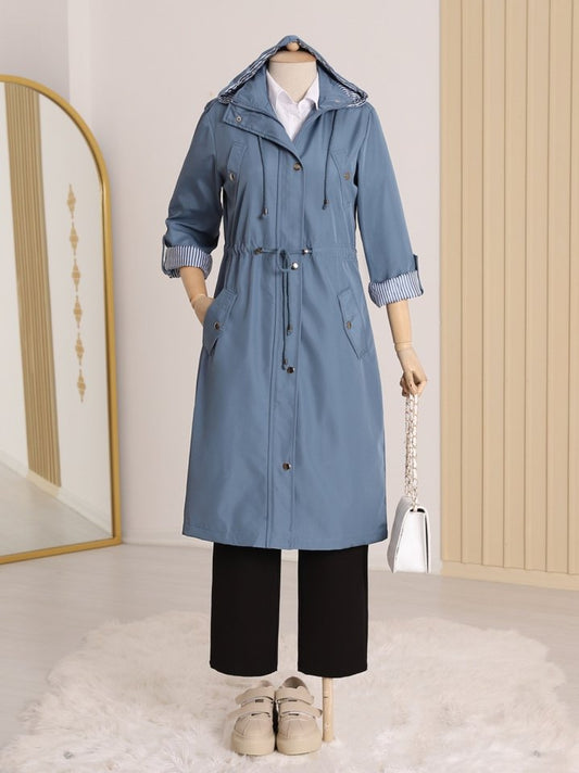 Astarı Çizgili Trençkot      -İndigo