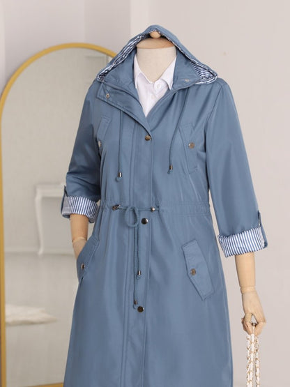 Astarı Çizgili Trençkot      -İndigo