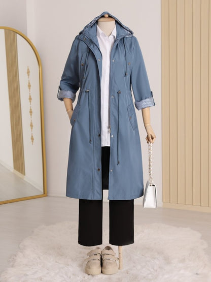 Astarı Çizgili Trençkot      -İndigo