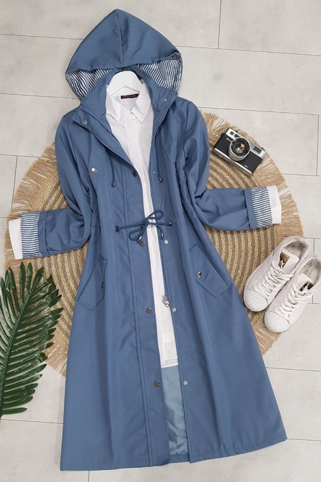 Astarı Çizgili Trençkot      -İndigo