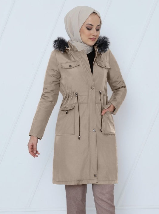 Çıkma Kapşonlu Bağcıklı Bondit Kısa Kaban   -Taş