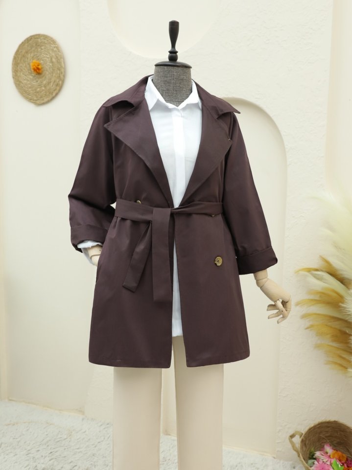 Bolero Detaylı Düğmeli Ara Boy Trençkot -Mürdüm