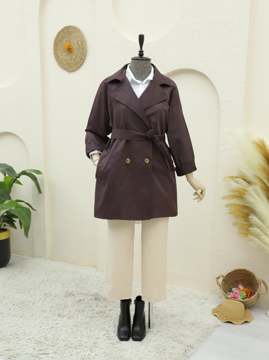 Bolero Detaylı Düğmeli Ara Boy Trençkot -Mürdüm
