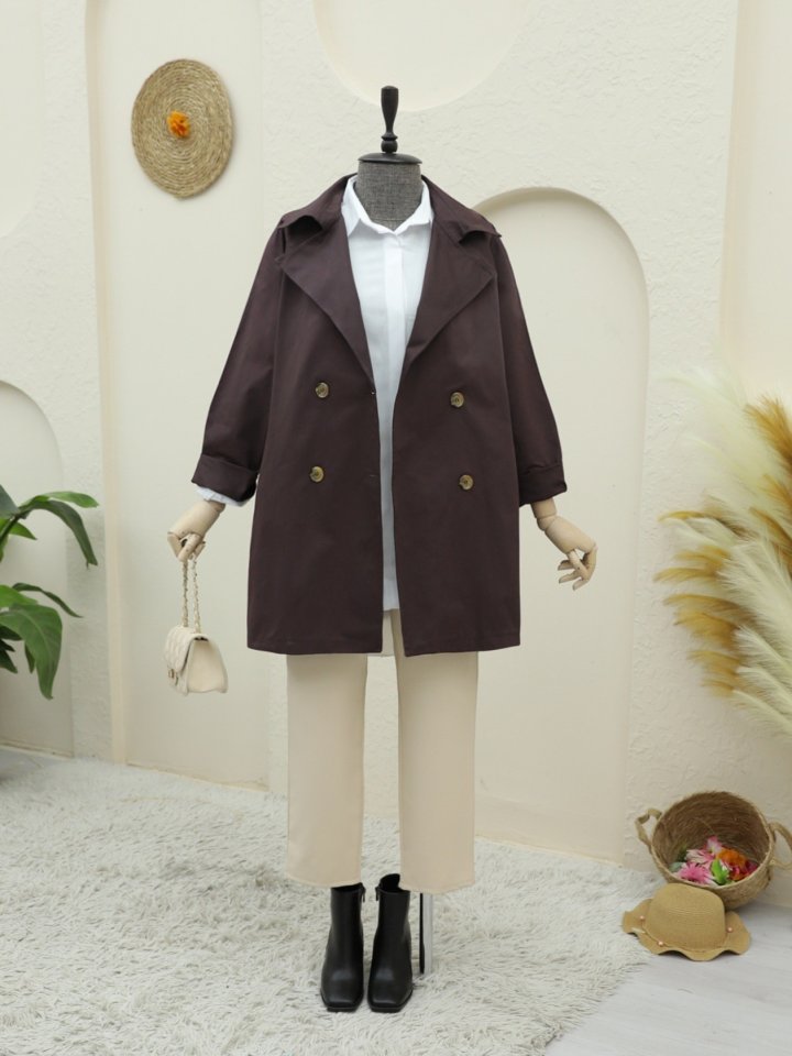 Bolero Detaylı Düğmeli Ara Boy Trençkot -Mürdüm