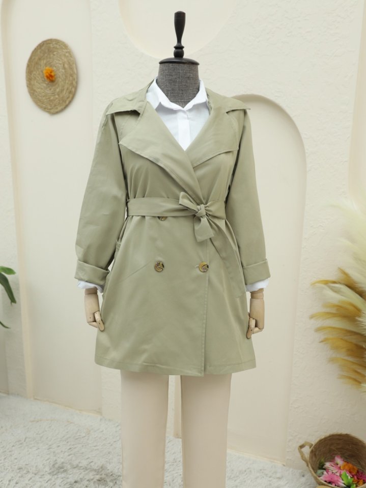 Bolero Detaylı Düğmeli Ara Boy Trençkot -Taş