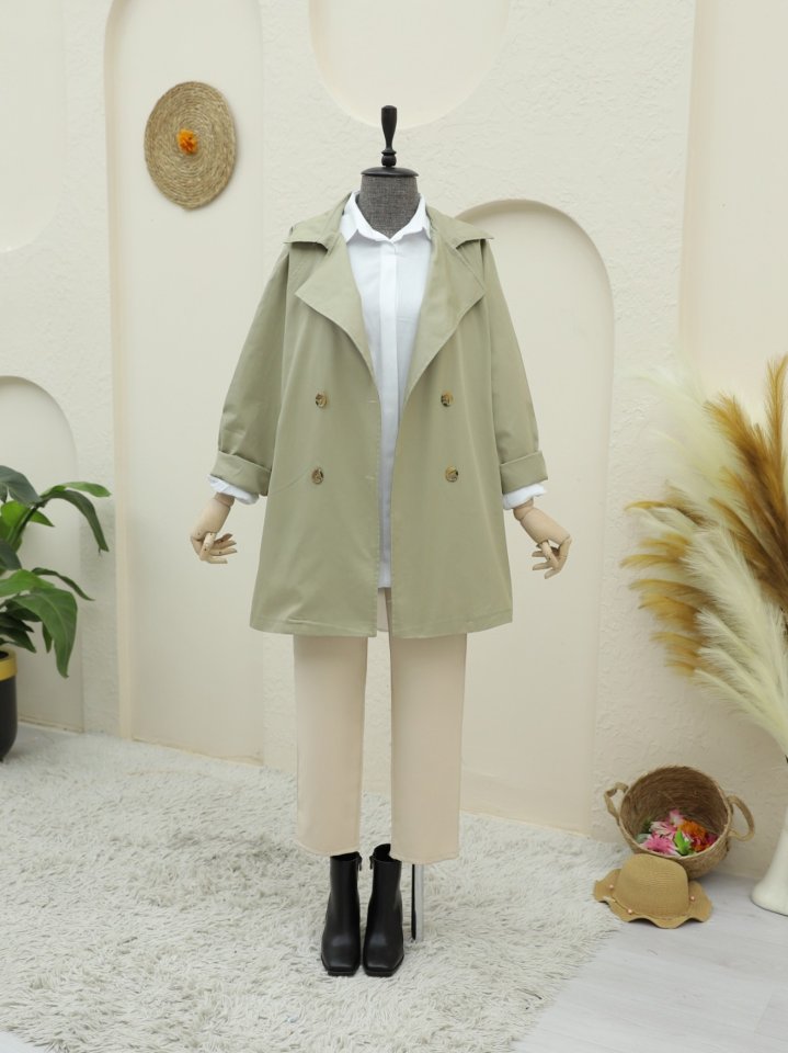 Bolero Detaylı Düğmeli Ara Boy Trençkot -Taş