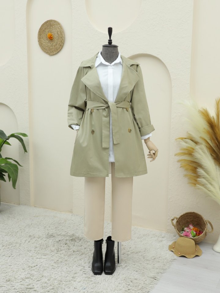 Bolero Detaylı Düğmeli Ara Boy Trençkot -Taş