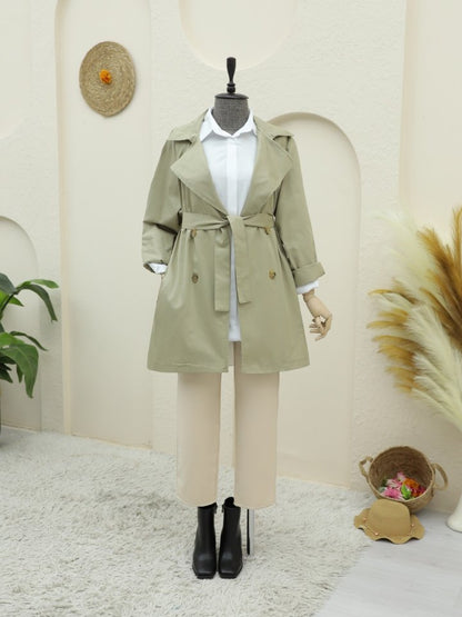 Bolero Detaylı Düğmeli Ara Boy Trençkot -Taş